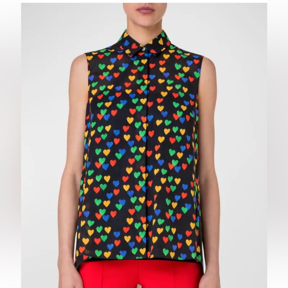 Akris Black Rainbow Heart Print Long Sleeveless Cotton Button Down Shirt 8 Large